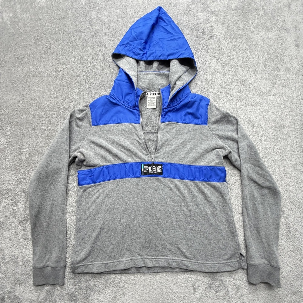 PINK Victoria's Secret Hoodie Womens‎ M Gray 1/2 Zip Lined Fleece Hooded Pockets